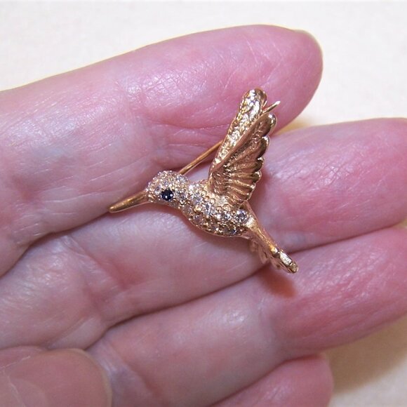 14K Gold Pave Diamond Blue Sapphire Pin Brooch - Hummingbird in Flight - Picture 2 of 7